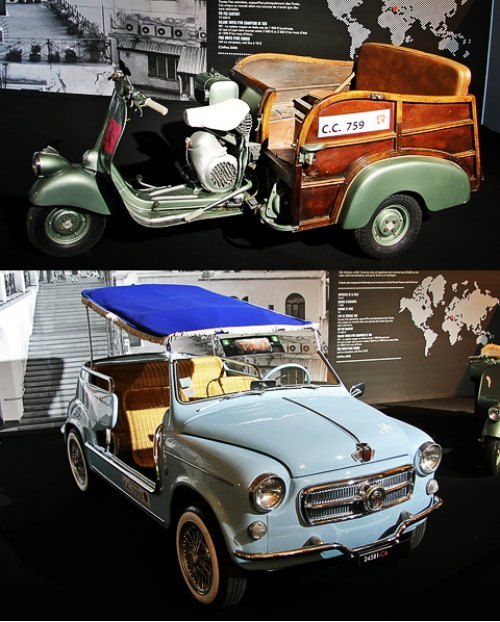 Вверху — мотороллер Piaggio Calessino 150 (1956),…
