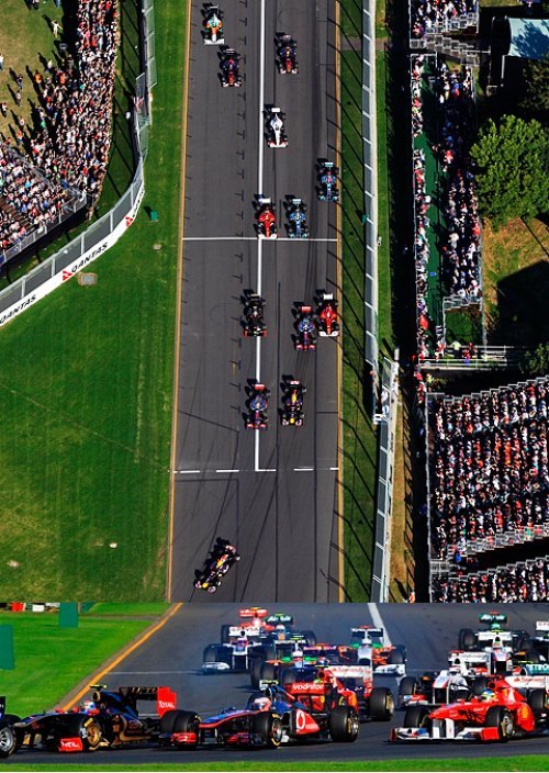Старт гонки. Петров обходит Баттона и Алонсо.