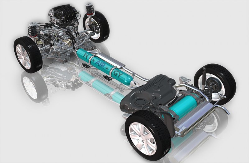 Основные части HYbrid Air — баллоны с жидкостью и газом (выделены цветом морской волны), набор…