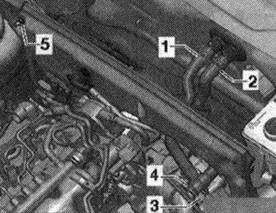 Снять шланги охлаждающий жидкости -3- и -4-.