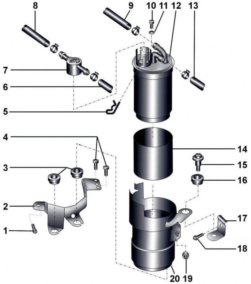 Рис. 5.1–3. Топливный фильтр: 1 – болт, 10 Н·м; 2…