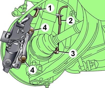 Рис. 12–11. Расположение датчика ABS (3), зажимов…