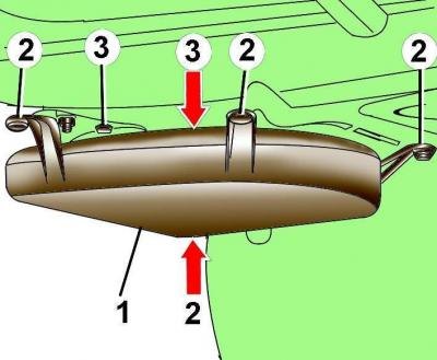 Рис. 18–67. Расположение кожуха (1), винтов его…