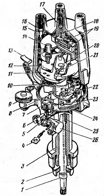 Рис. 20 Распределитель зажигания Р-125Б: 1 - вал;…