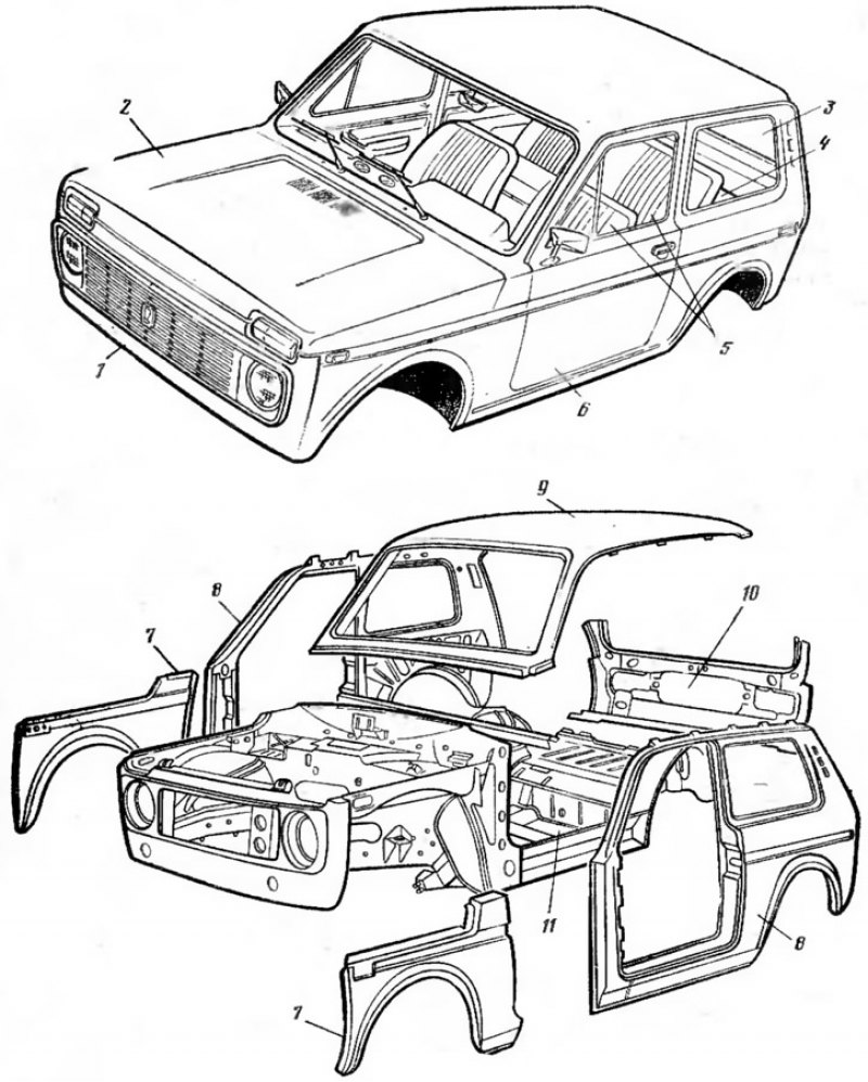 Рис. 52. Кузов автомобиля: 1 - корпус; 2 - капот…
