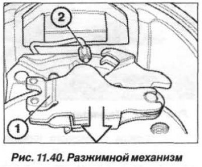 Развести вверху обе тормозные колодки и стянуть…