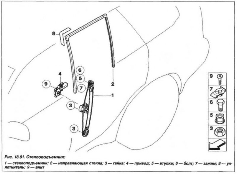 Механизм перемещения стекла в задних дверях на…