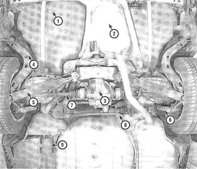 Вид на привод задних колес снизу (модель с двигателем 2.0 литра, остальные модели аналогичны): 1.…