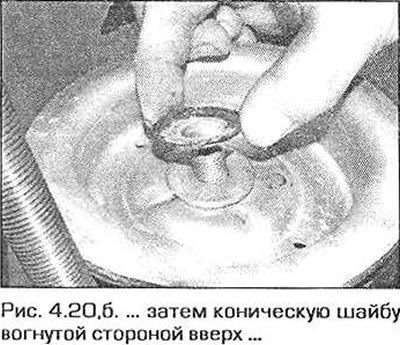 20. Наденьте плоскую шайбу, затем коническую шайбу (вогнутой стороной вверх) и верхний опорный…