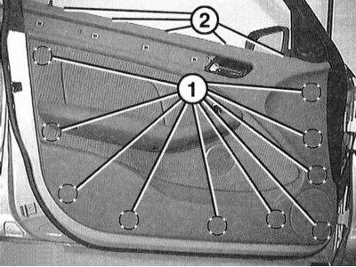 6. Отожмите облицовку от двери и отсоедините в точках -1-. Для отжатия используйте пластмассовый…