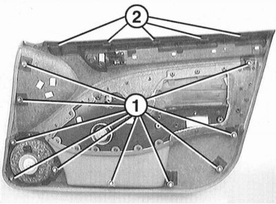 18. Проверьте надежность крепления зажимов -1- облицовки двери, при необходимости замените. 2 –…