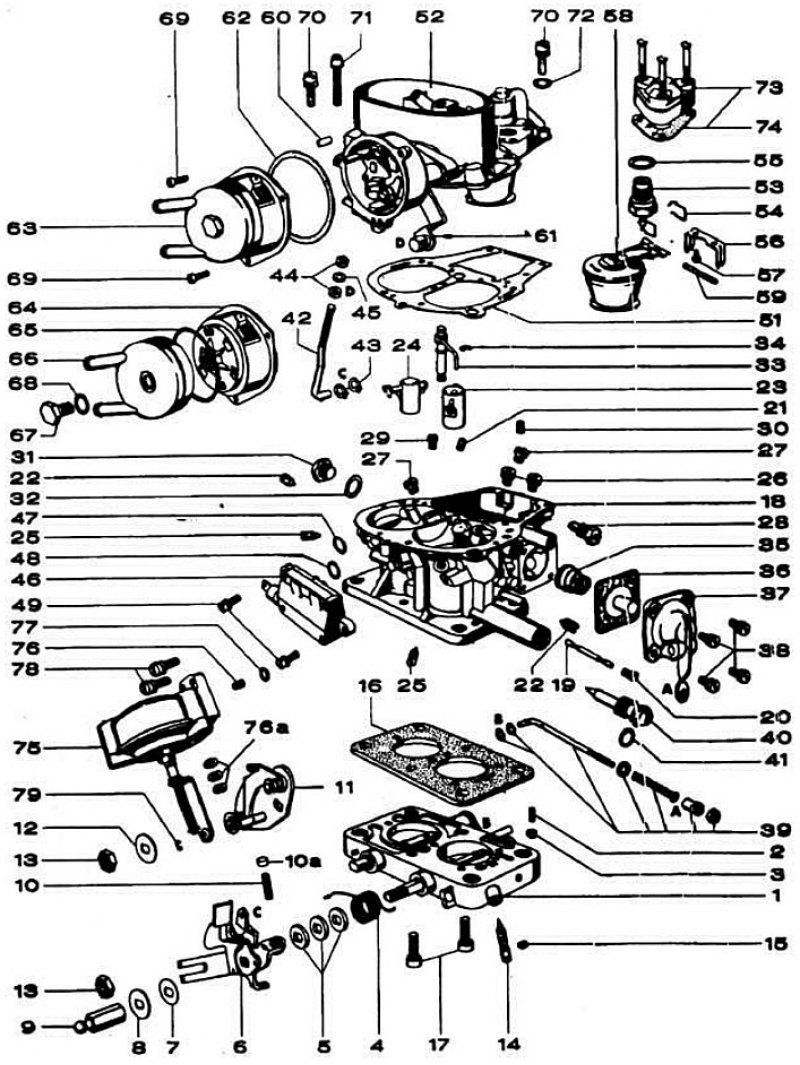 Основные детали карбюратора Solex 32/32 DIDTA с индексом «Е 17 386»: 1 - основание карбюратора; 2 -…