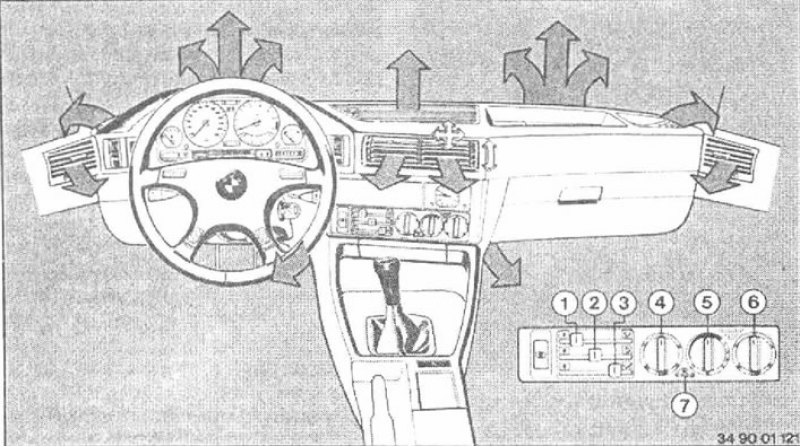 1 - Рычаг-регулятор подачи воздуха в верхнюю часть салона