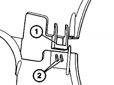 6. Скоба (1) должна защелкнуться на крюке (2).