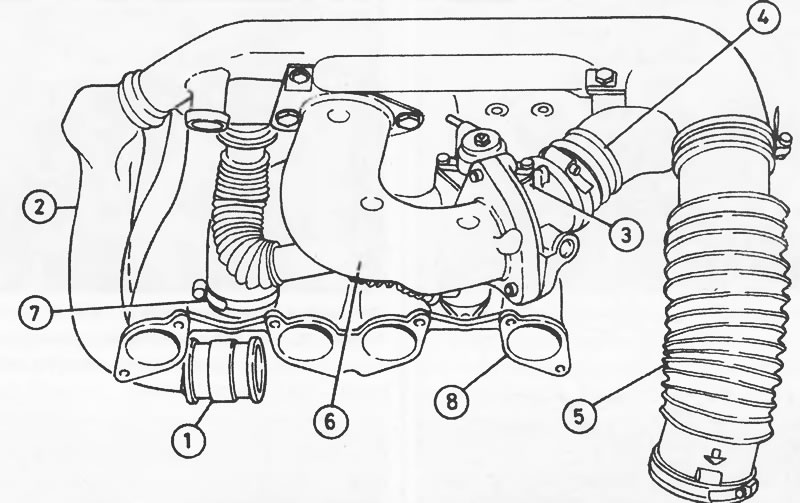 Рис. 4В.7. Воздуховоды двигателя DHV (XUD9BSD): 1…