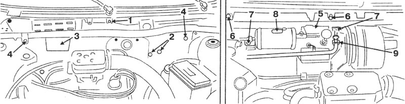 Рис. 9-55. Снятие испарителя: 1, 2, 4, 6 - болты;…