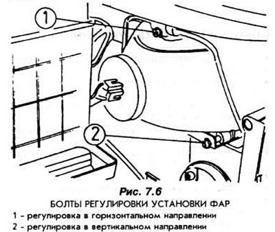 Поворачивая болты регулировки фар (рис. 7.6)…