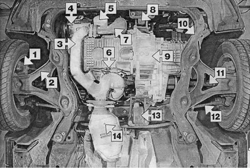 1. Передний дисковый тормоз; 2. Нижний рычаг…