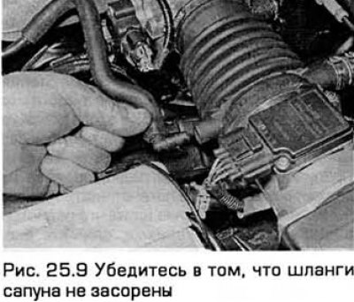 9. Отсоедините два шланга сапуна от воздуховода,…