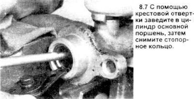 7. Отожмите поршень и снимите стопорное кольцо…