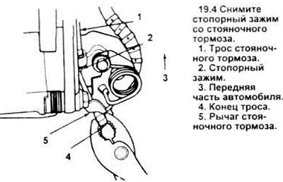 4. Снимите стопорный зажим с троса стояночного…