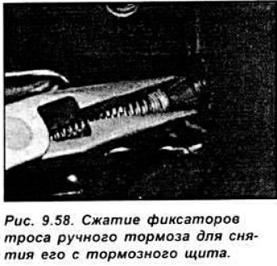 Сожмите выступы фиксатора троса ручного тормоза и…