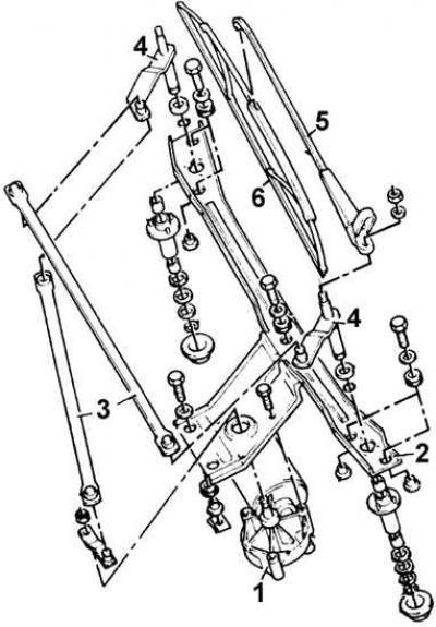 1 – двигатель, 2 – держатель, 3 – тяги, 4 – оси…