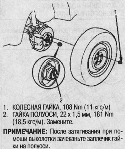4. Отогните фиксирующий язычок на гайке полуоси,…