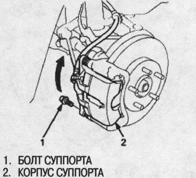 2. Выкрутите болт из суппорта и откиньте его…