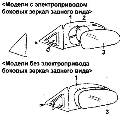 Снятие бокового зеркала заднего вида. 1 - корпус…