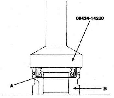 4. Установить сальник (А) во втулку рейки (В).