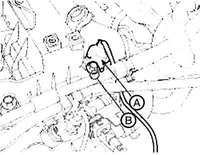 4. Отверните болт (В) и снимите датчик.