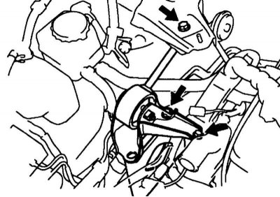 9. Снимите тягу крепления двигателя и правый опорный кронштейн №2 двигателя.