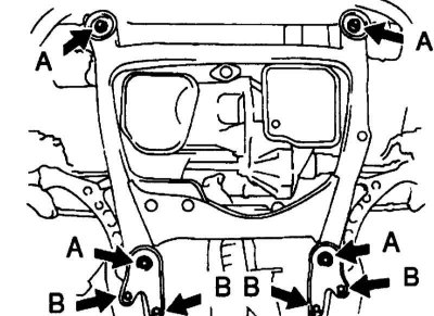 10. Выверните 8 болтов и снимите опоры переднего подрамника.