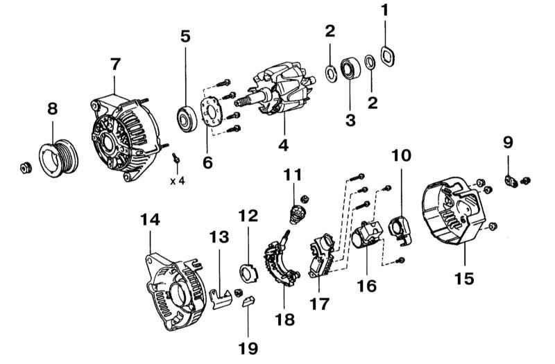 1 - Шайба генератора; 2 - Крышка подшипника; 3 - Задний подшипник; 4 - Ротор; 5 - Передний…