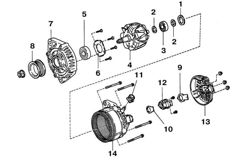 1 - Шайба генератор; 2 - Крышка подшипника; 3 - Задний подшипник; 4 - Ротор; 5 - Передний…
