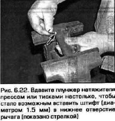 22. Вдавите плунжер натяжителя в рычаге прессом…