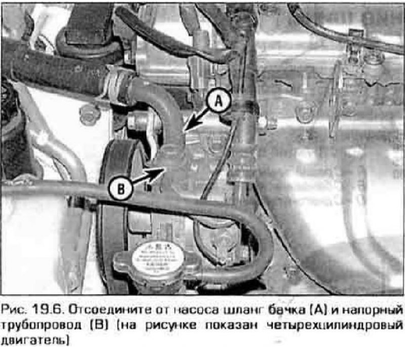 6. Отсоедините шланг от бачка гидросистемы…