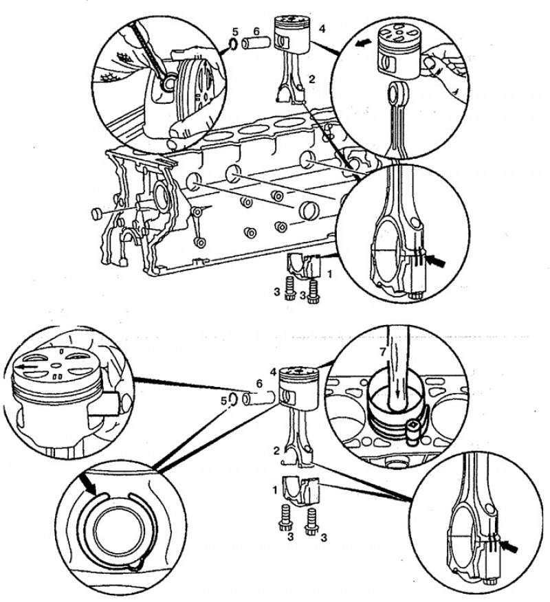 Рис. 5.29. Поршни: 1. Шатунная крышка, 2. Шатун,…
