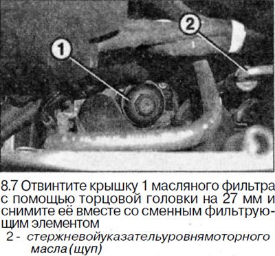 7. Отвинтите крышку 1 масляного фильтра с помощью…