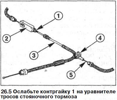 5. Ослабьте контргайку 1 на уравнителе тросов…