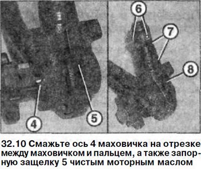 10. Смажьте ось 4 маховичка на отрезке между…