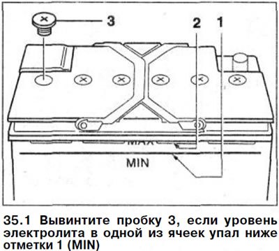 1. Вывинтите пробку 3, если уровень электролита в…