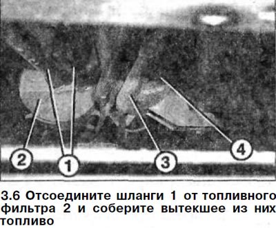 6. Отсоедините шланги 1 от топливного фильтра 2 и…