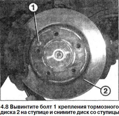 8. Вывинтите болт 1 крепления тормозного диска 2…