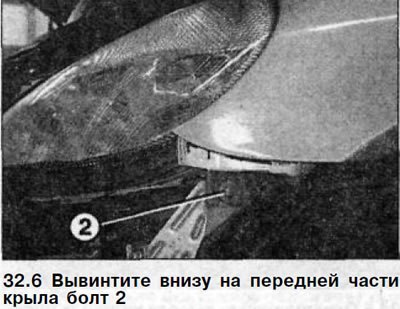 6. Вывинтите внизу на передней части крыла болт 2…
