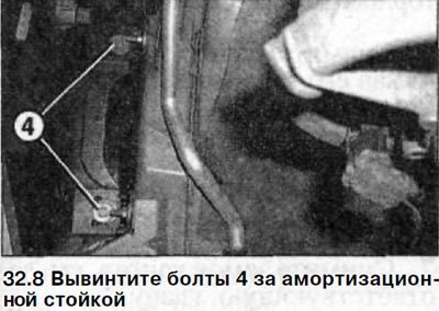 8. Вывинтите болты 4 за амортизационной стойкой…