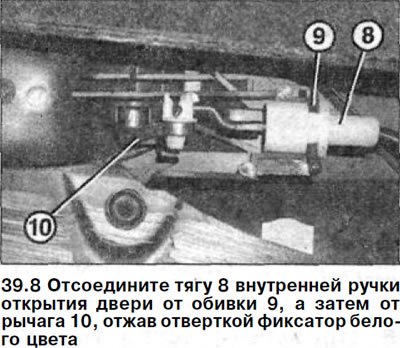 8. Отсоедините тягу замка 8 от обивки 9, а затем…