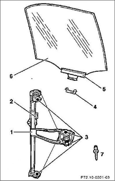 1. Стеклоподъемник; 2. Ползун; 3. Отверстия для…