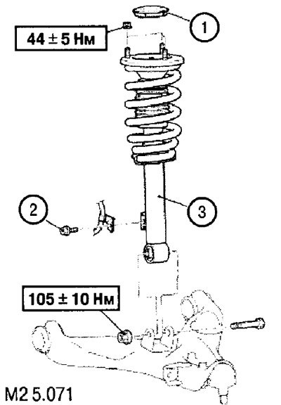 Элементы конструкции амортизатора в сборе: 1. Крышка; 2. Хомут электропроводов датчика скорости…